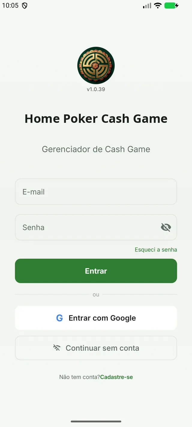 Login screen of the Home Poker Cash Game app