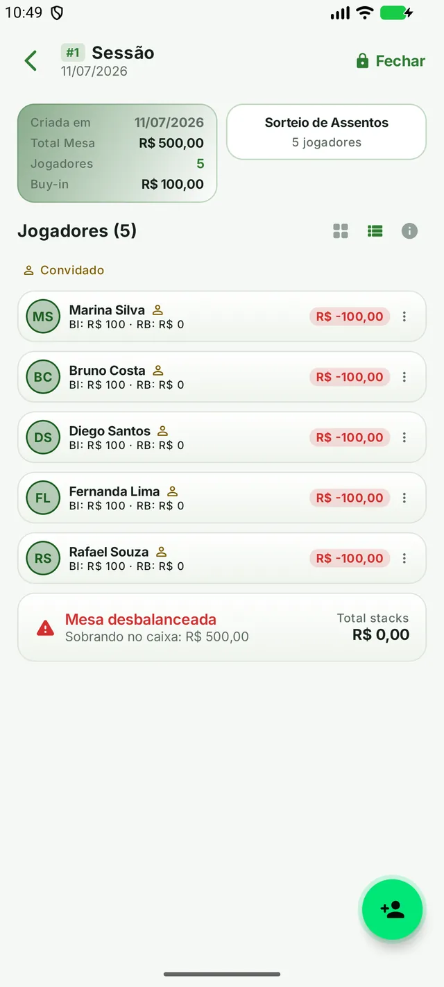 Active session with buy-ins, rebuys and each player's balance