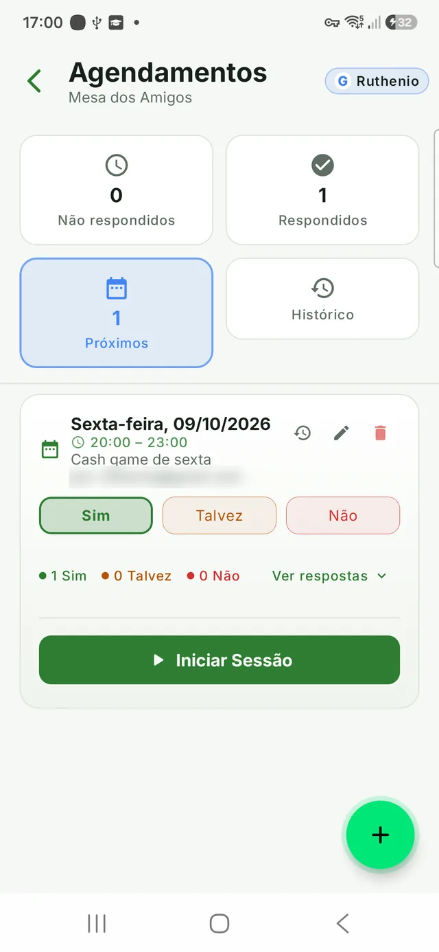 Scheduled game with RSVP answers and button to start the session
